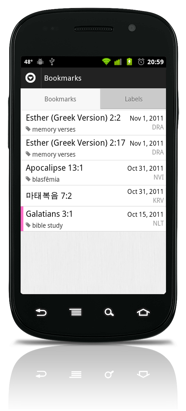 Bookmarks Screen in the Bible App™ for Android v. 3.6