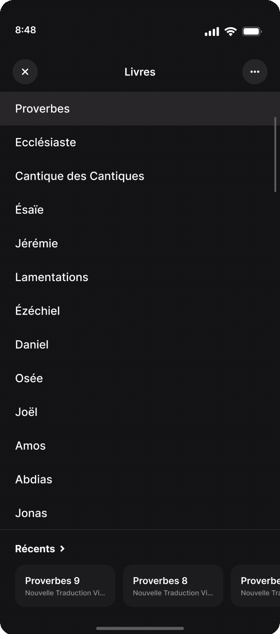 Illustration de la section « Récents » dans le sélecteur de livres de la Bible