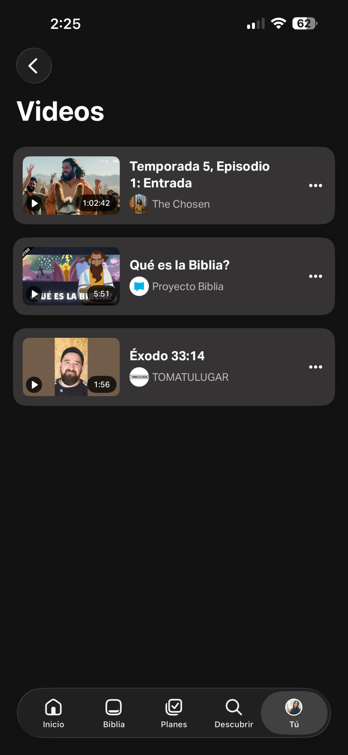 Imágenes de videos guardados en la pestaña Tú